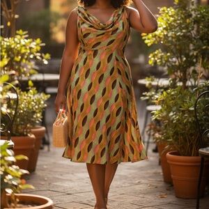 Sleeveless Cowl Neck Patterned Summer Dress in Yellow and Coral

OR TRAD 1 0326